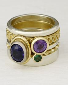 'Stacking Ring multi-stone' in mixed metals with two Sapphires and Tsavorite